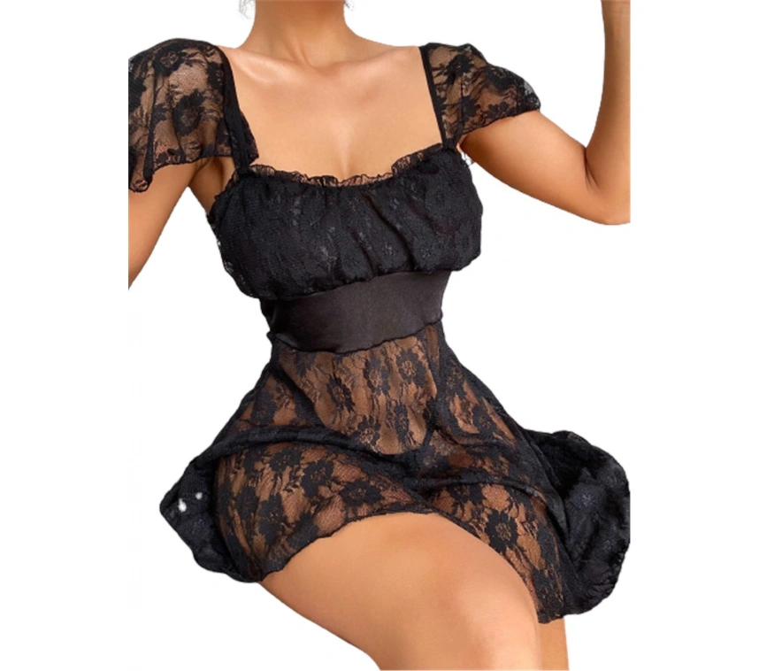 Lesca Alt Kısmı Tül Üst Kısmı Jarse Mini Fantazi Gecelik