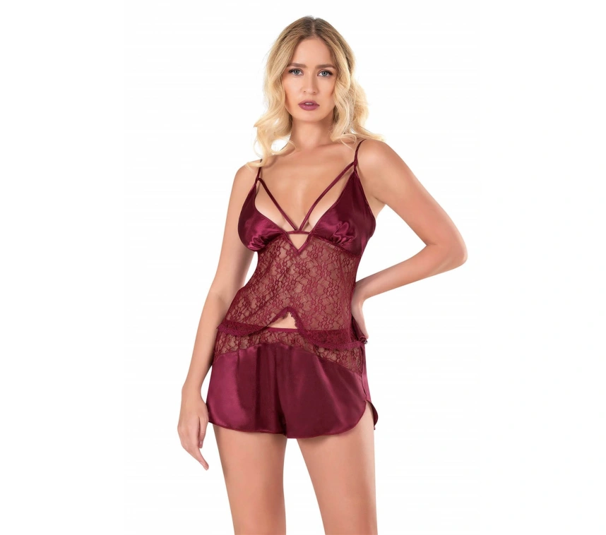 Lesca  Bordo Saten Babydoll Şort Takımı