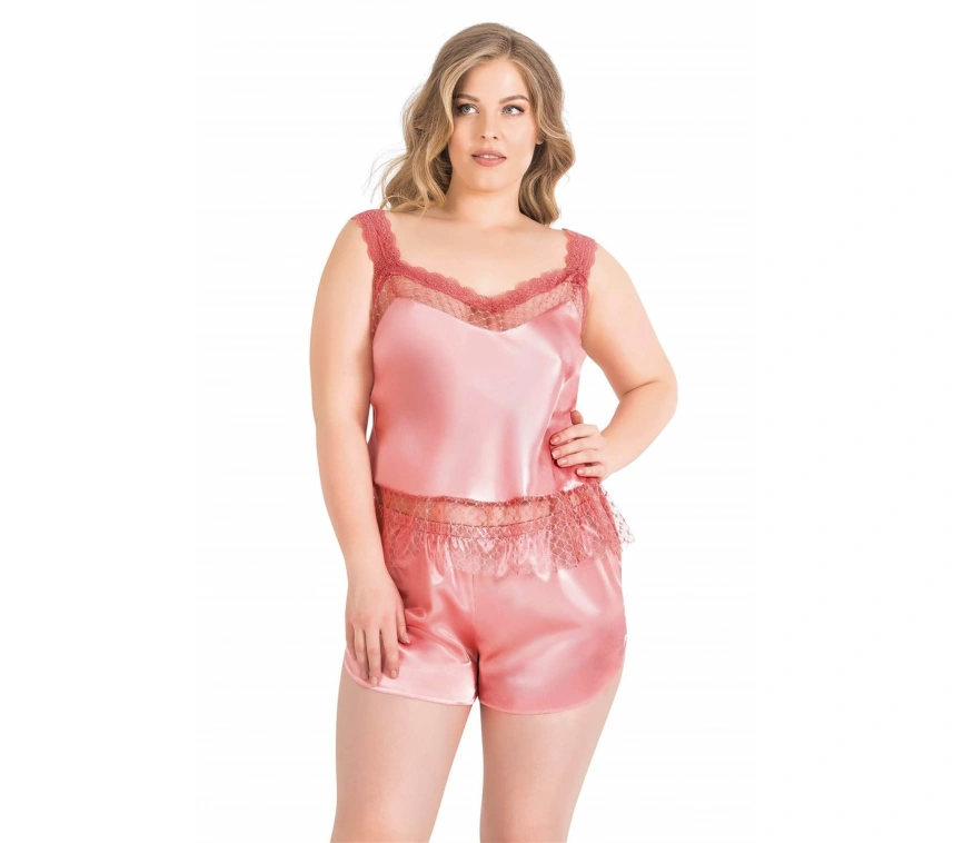 Lesca  Büyük Beden Mercan Saten Babydoll Şort Takımı