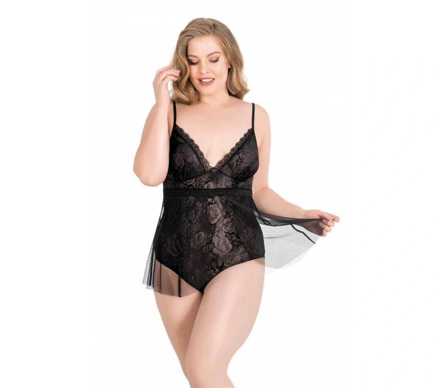 Lesca  Büyük Beden Siyah Bodysuit Jakarlı Gecelik