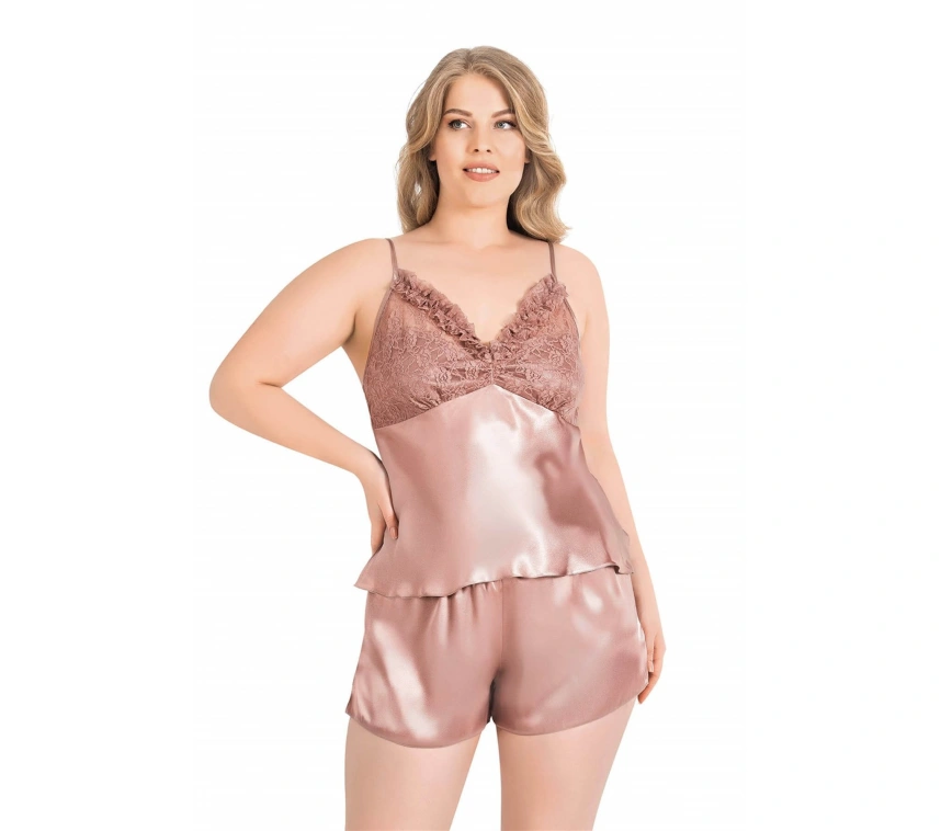 Lesca  Büyük Beden Vizon Saten Babydoll Şort Takımı