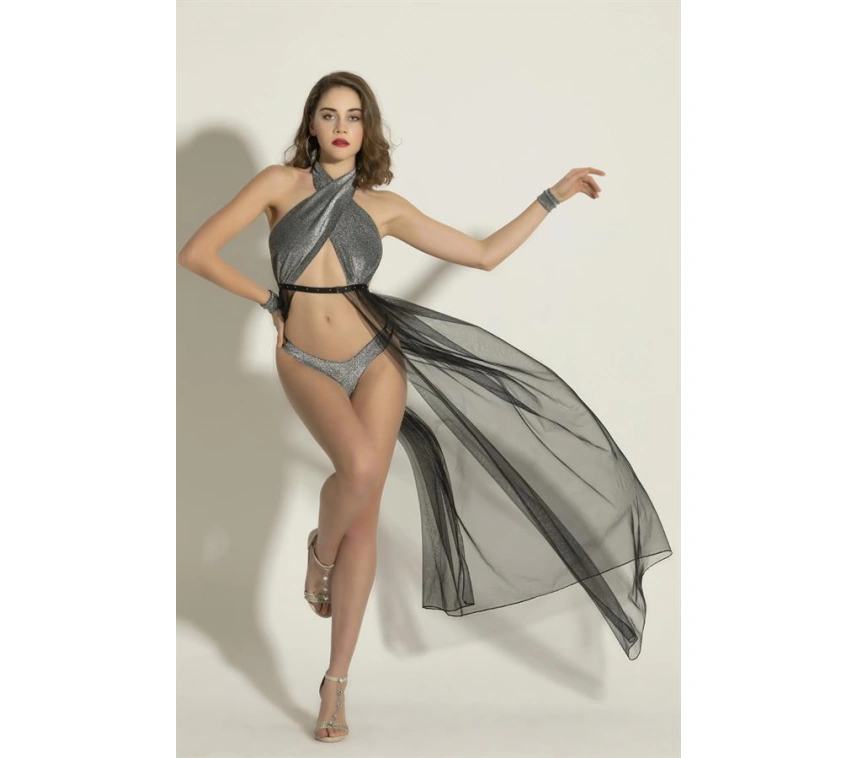 Lesca Fantezi Simli Elbise, String Takım Siyah/gümüş (brf6062)