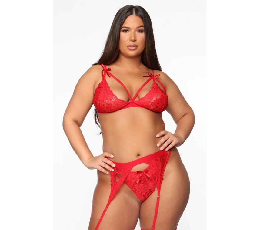 Lesca Kırmızı Dantelli Büyük Beden Jartiyer Takımı Brf1300