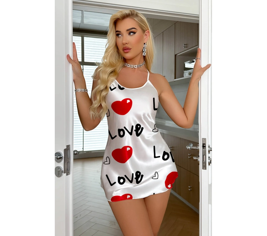Lesca Love Desenli Beyaz Saten Gecelik