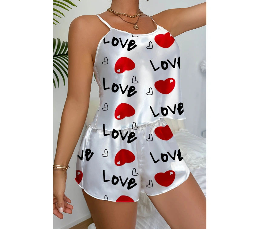 Lesca Love Desenli Beyaz Saten Şortlu Gecelik Takım