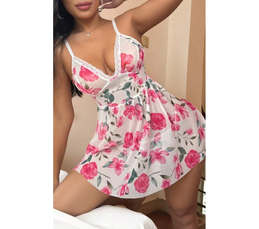 Lesca Pembe Çiçek Desenli Dantel Detaylı Gecelik 15706