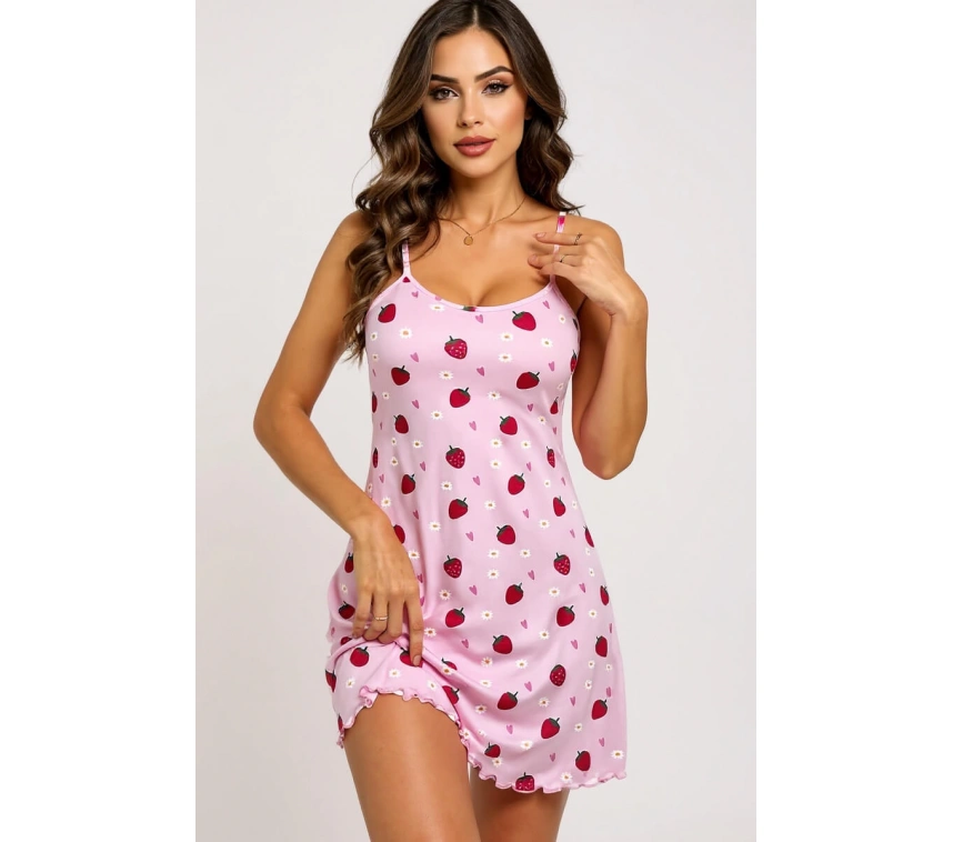 Lesca Pembe Çilek Desenli Askılı Kadın Gecelik