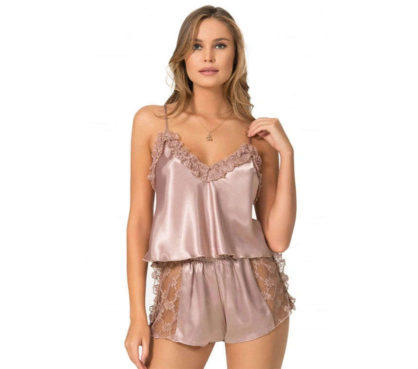 Lesca  Vizon Saten Babydoll Şort Takımı