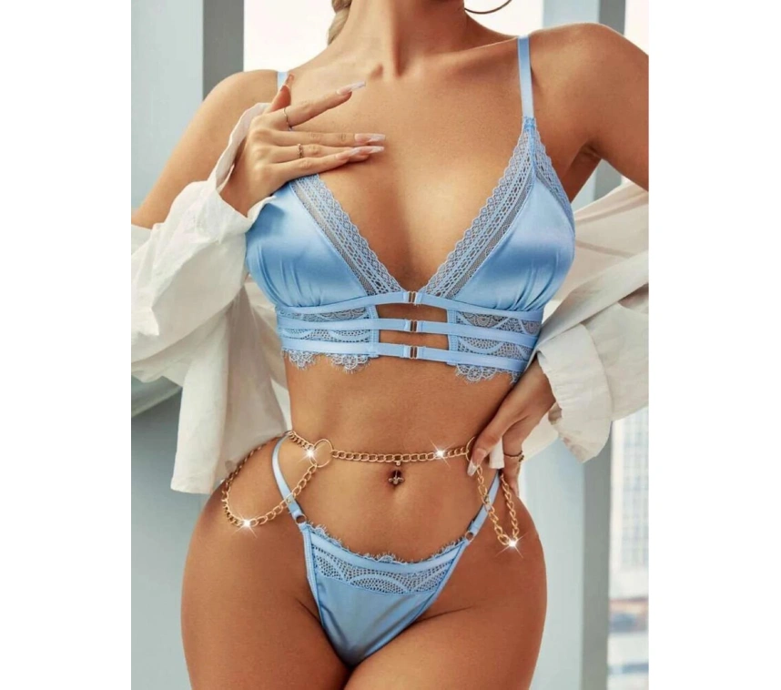 Mavi Zincir Detaylı Fantezi Sütyen Takımı