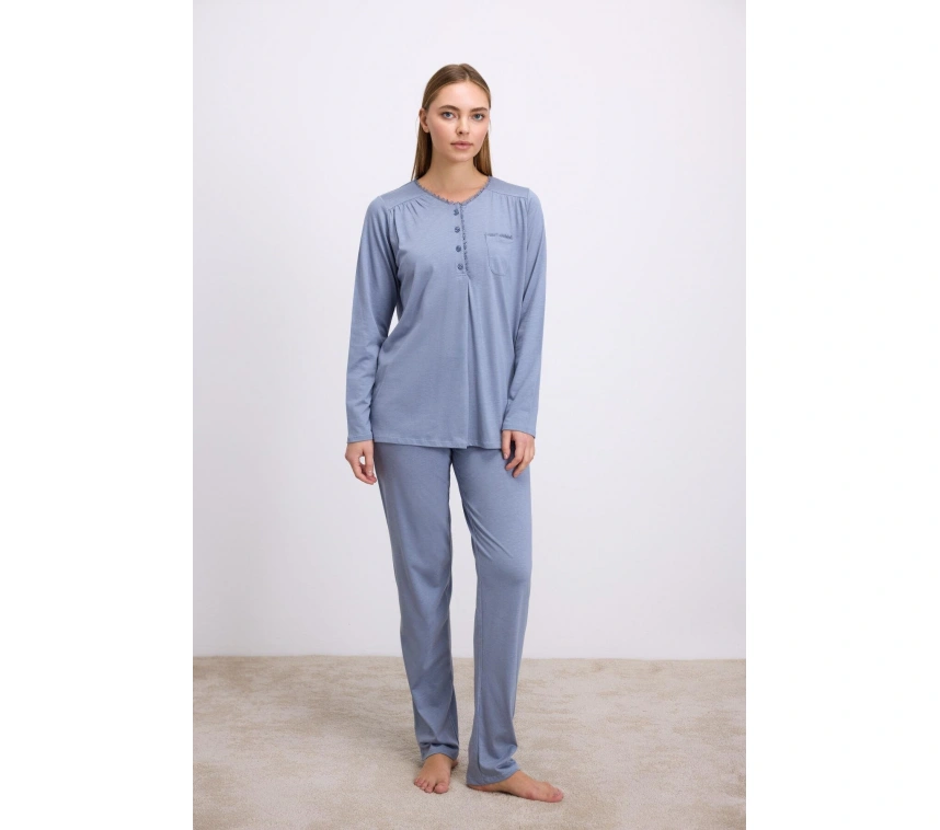 Modal Pamuklu Uzun Kollu Düğmeli 2li Pijama Takımı