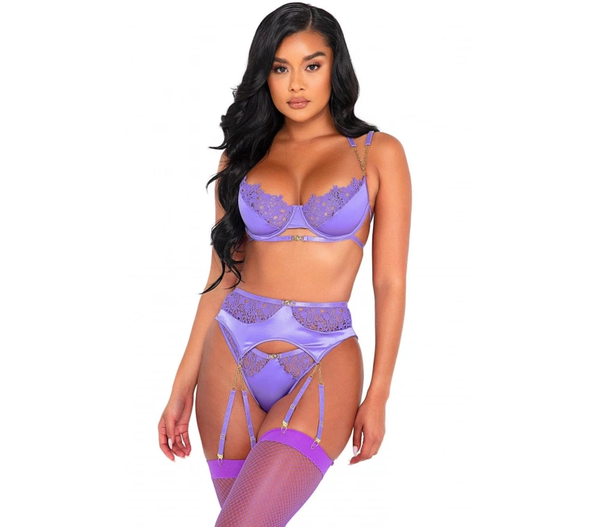 Mor Dantel İşlemeli Zincir Detaylı Fantezi Jartiyer Takımı