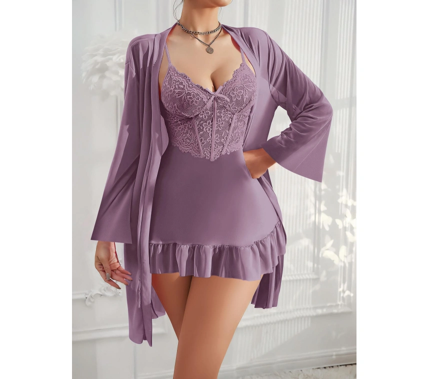 Özel Tasarım Dantel İşlemeli Fırfırlı Sabahlıklı 2li Mor Gecelik Takımı