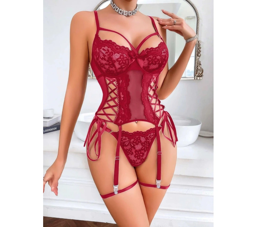 Özel Tasarım Kırmızı Dantel İşlemeli Fantezi Jartiyer Takımı