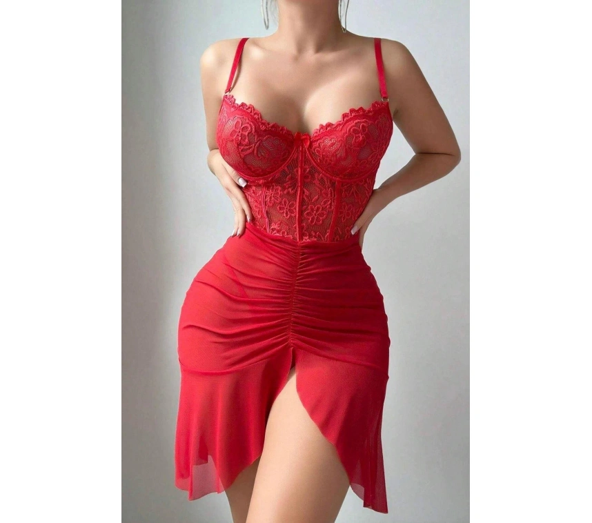 Özel Tasarım Kırmızı Dantel İşlemeli Korse Görünümlü Önden Büzgülü Fantezi Tül Gecelik