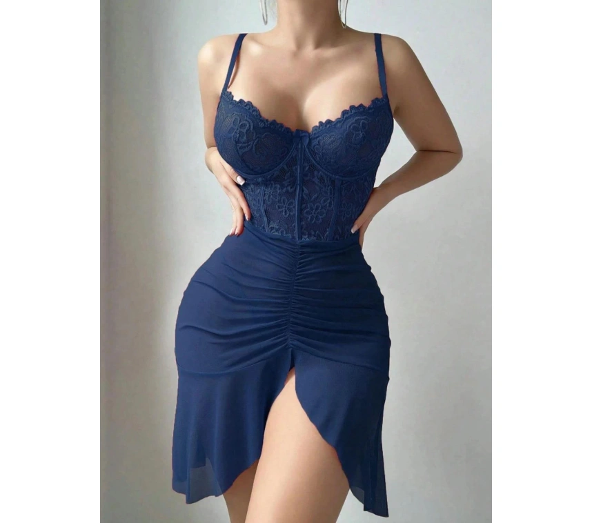 Özel Tasarım Lacivert Dantel İşlemeli Korse Görünümlü Önden Büzgülü Fantezi Tül Gecelik