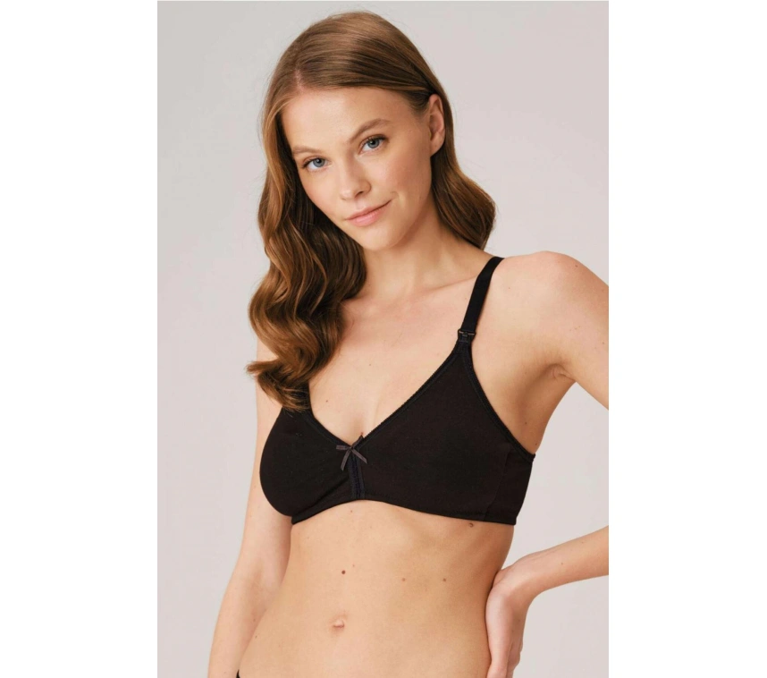 Pamuklu Balensiz Lohusa Önden Açılan Siyah Emzirme Sütyeni