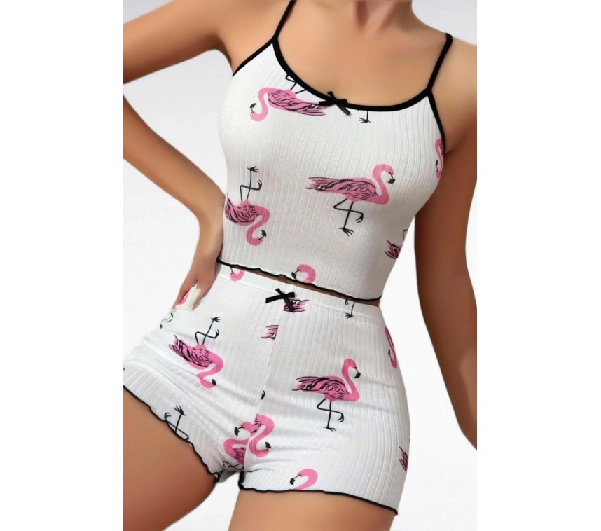 Pamuklu Beyaz Üstüne Pelikan Desen Fitilli Askılı Şortlu Pijama Takımı