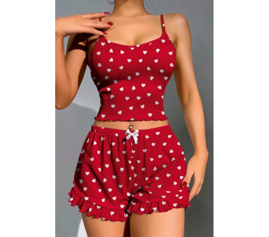 Pamuklu Kırmızı Üstüne Beyaz Kalp Desen Fitilli Askılı Şortlu Pijama Takımı