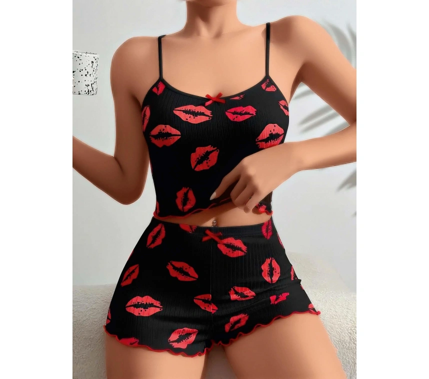 Pamuklu Kiss Öpücük Desen Siyah Fitilli Şortlu Pijama Takımı