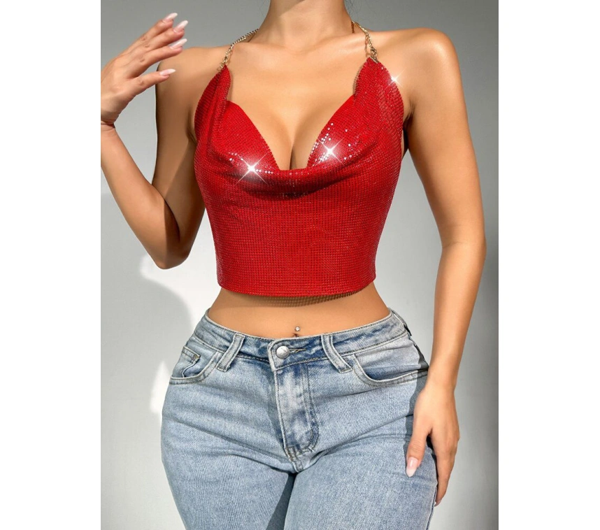 Parlak Kırmızı Crop & Bluz Kolsuz Kayık Yaka Zırh Büstiyer