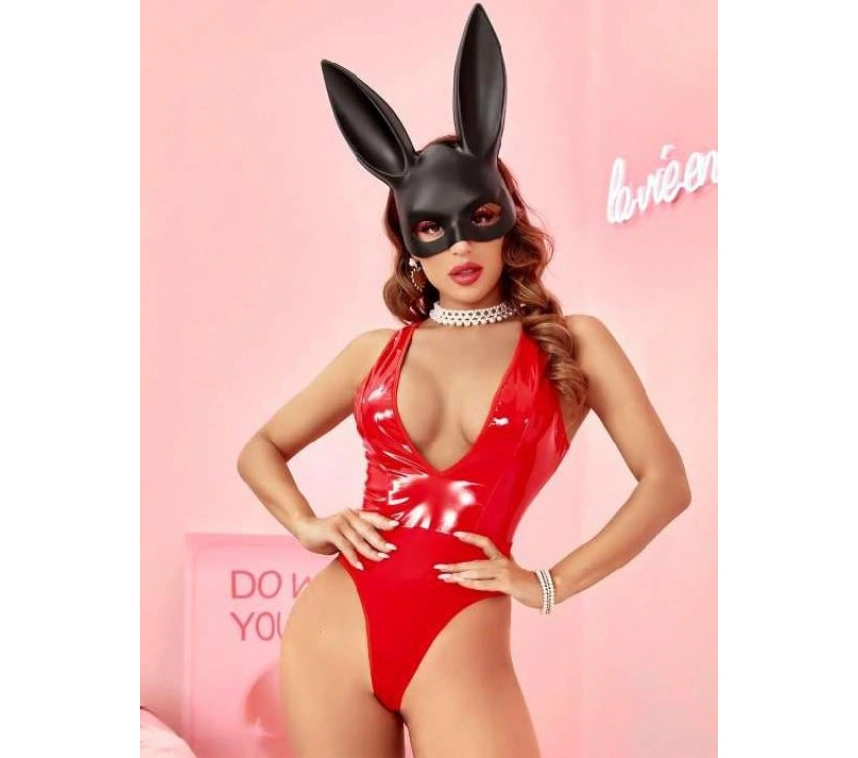 Parlak Kırmızı Deri Fantezi Babydoll