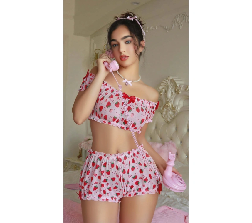 Pembe Çilek Desenli Şortlu Fantezi Sütyen Takımı