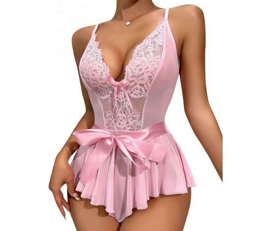 Pembe Dantel İşlemeli Kurdelalı Fantezi Tül Babydoll
