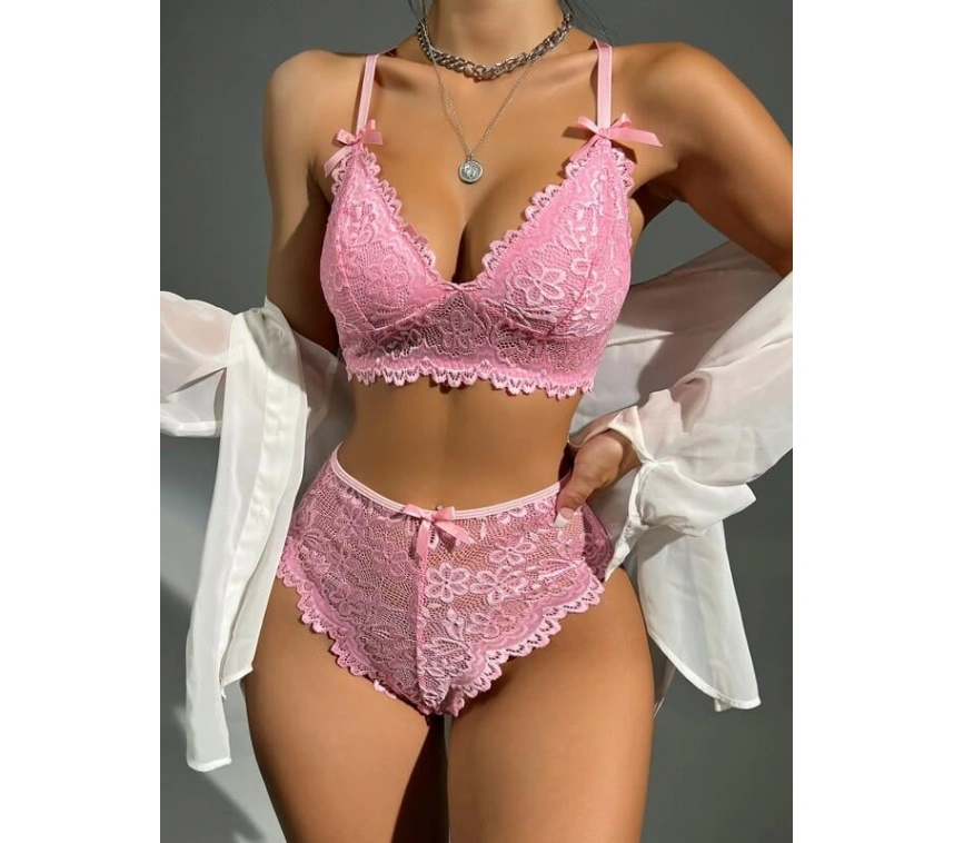 Pembe Dantelli Fantezi Bralet Sütyen Takımı