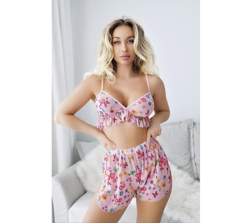 Pembe Desenli Fantezi Tül Şortlu Sütyen Takımı