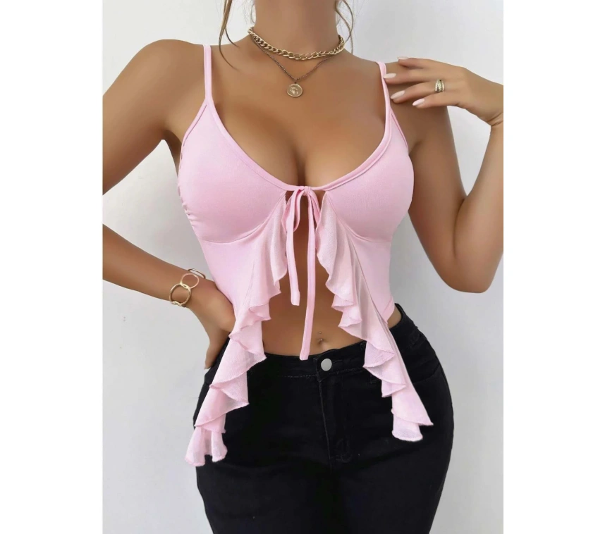 Pembe İnce Askılı Önden Bağlamalı Fırfır Detaylı Crop