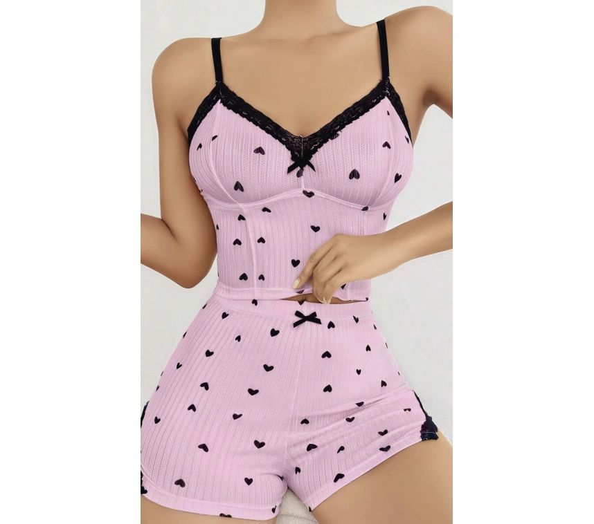 Pembe Kalp Desenli Askılı Şortlu Pijama Takım