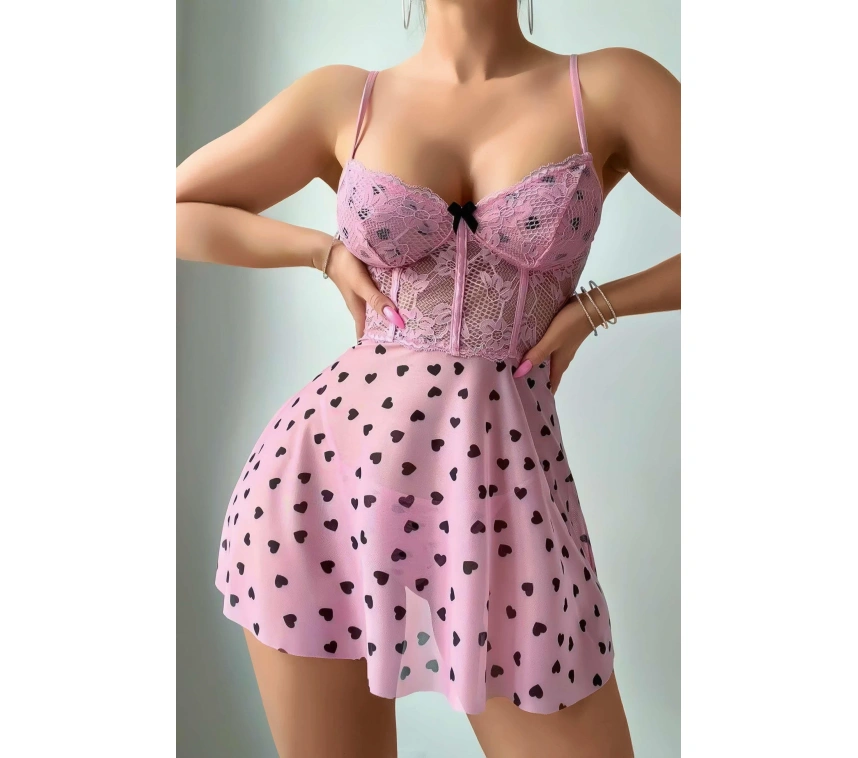 Pembe Kalp Desenli Dantel İşlemeli Fantezi Gecelik