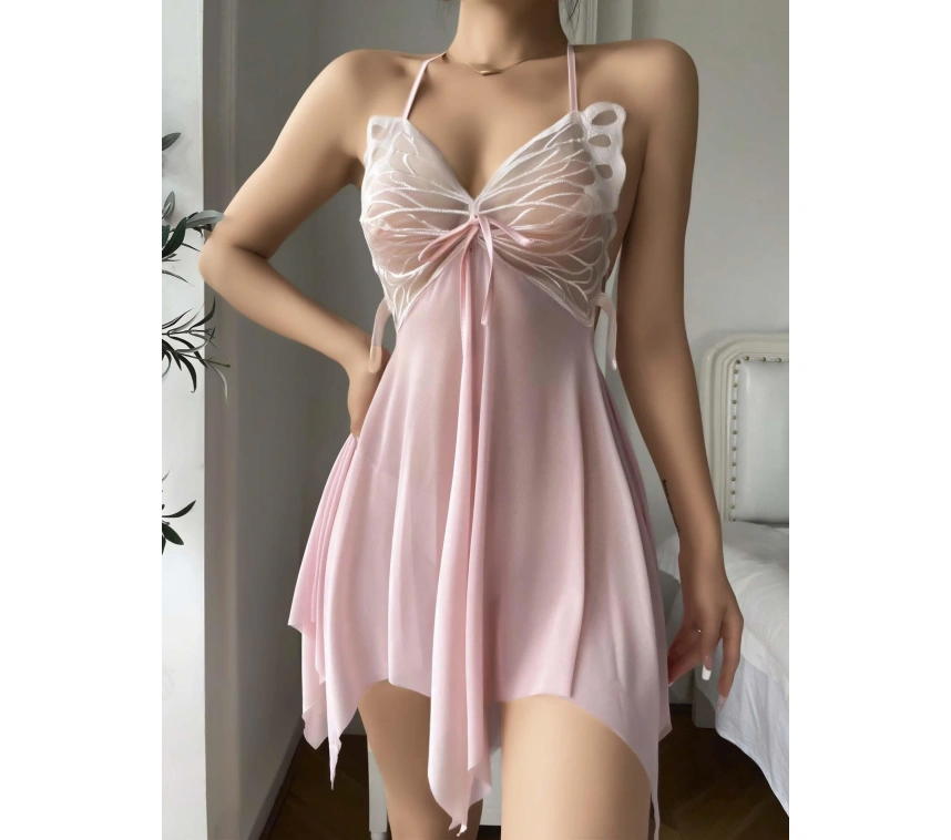 Pembe Kelebek İşlemeli Tül Fantezi Gecelik