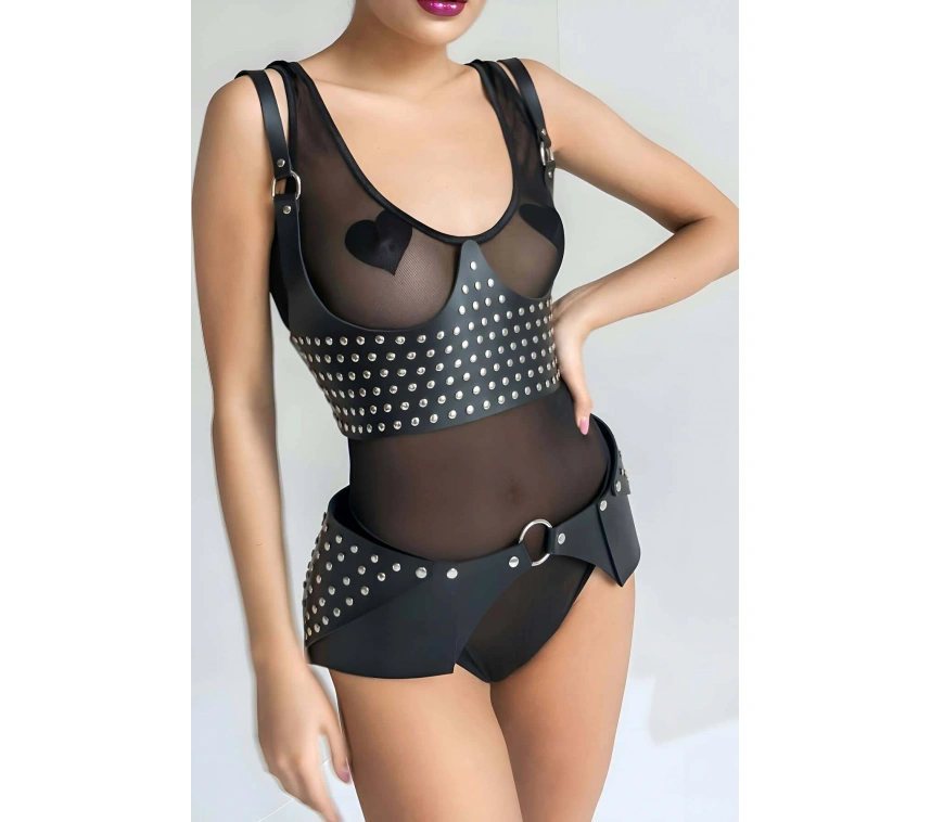 Perçin Detaytlı Şık Kemer Ve Harness Takım - Brf1303