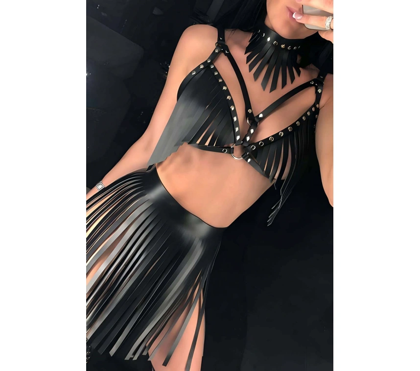 Püsküllü Etek, Sütyen Ve Choker Takım - Brf482