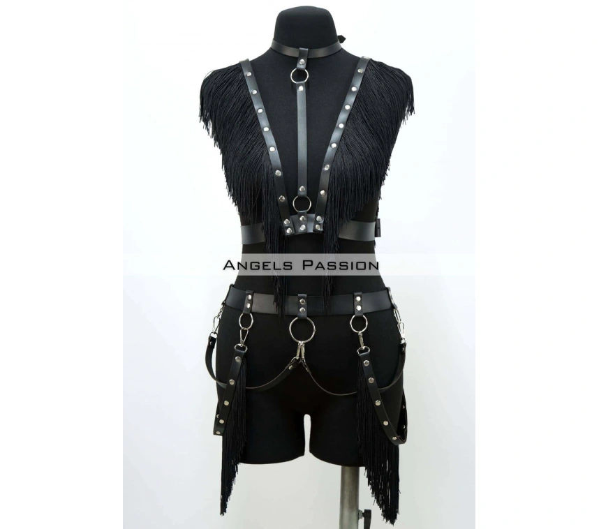 Püslüllü Deri Harness Takım, Püsküllü Elbise Aksesuarı - Brf768