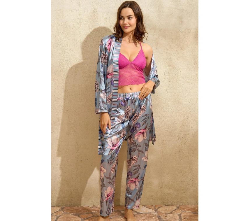 Saten Çiçek Baskılı Sabahlık Balensiz Desteksiz Dolgusuz Dantelli Bralet Sütyen Ve Pantolon Pijama 3lü Takım