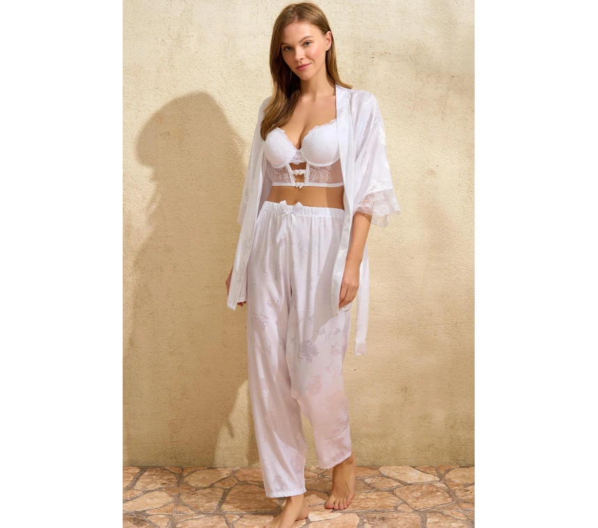 Saten Çiçek Desenli Dantelli Sabahlık Balenli Destekli Dolgulu Büstiyer Sütyen Ve Pantolon Pijama 3lü Takım