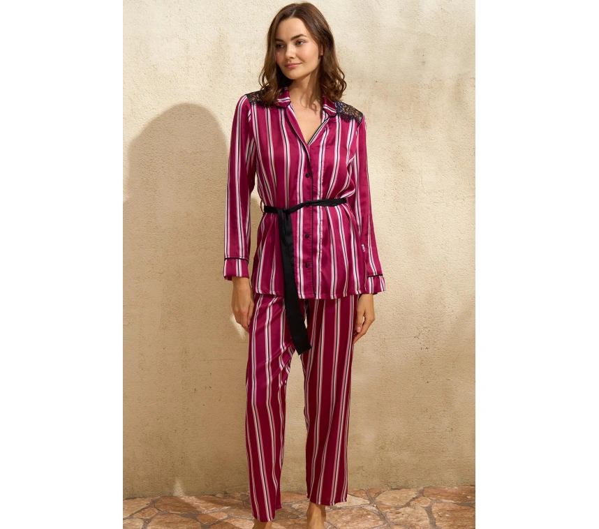 Saten Çizgili Düğmeli Uzun Kol Dantelli Gömlek Ve Pantolon Pijama Takım