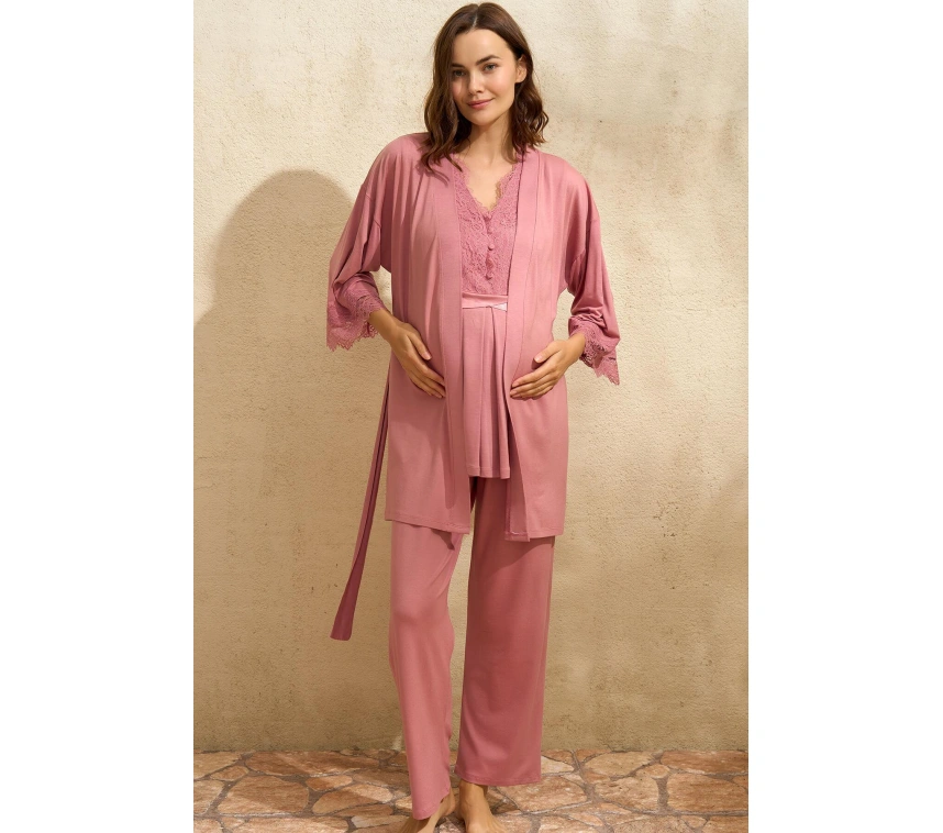 Sıfır Kol V Yaka Kadın Viskon Düz Yazlık Uzun Dantel Detaylı Hamile Pijama Takımı Sabahlık