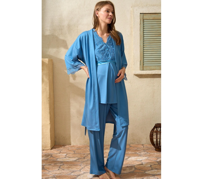 Sıfır Kol V Yaka Kadın Viskon Düz Yazlık Uzun Dantel Detaylı Hamile Pijama Takımı Sabahlık