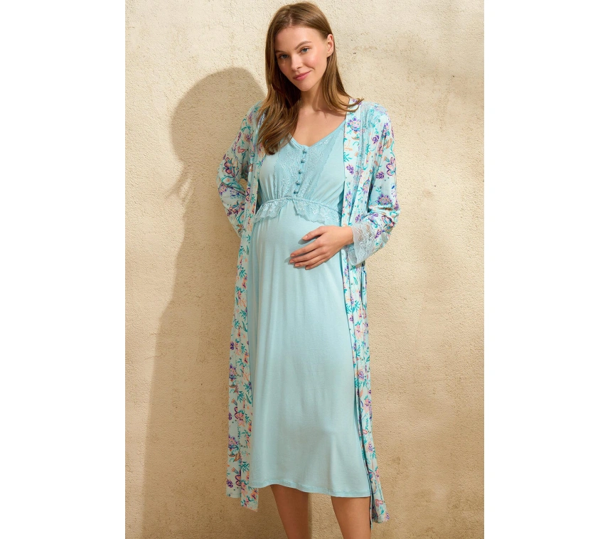 Sıfır Kol V Yaka Viskon Çiçek Desenli Yazlık Uzun Dantel Detaylı Hamile Gecelik Sabahlık