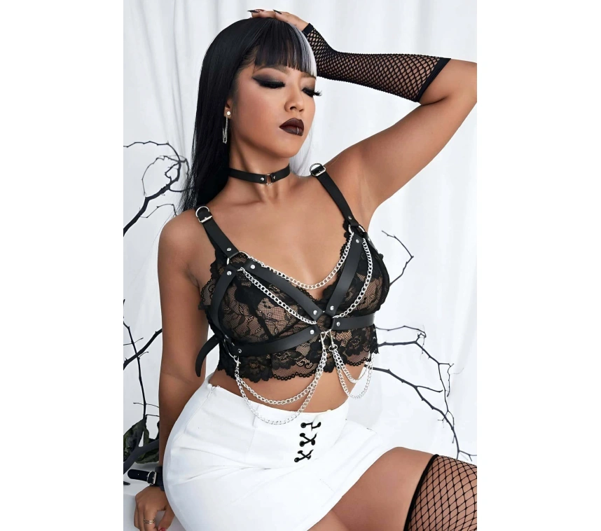 Şık Deri Zincirli Göğüs Tasma Ve Bileklik Takım Harness - Brf952