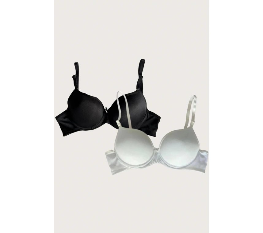 Siyah-beyaz 2li Mikro Kumaş Push Up Dolgulu Balenli Günlük Destekli Sütyen