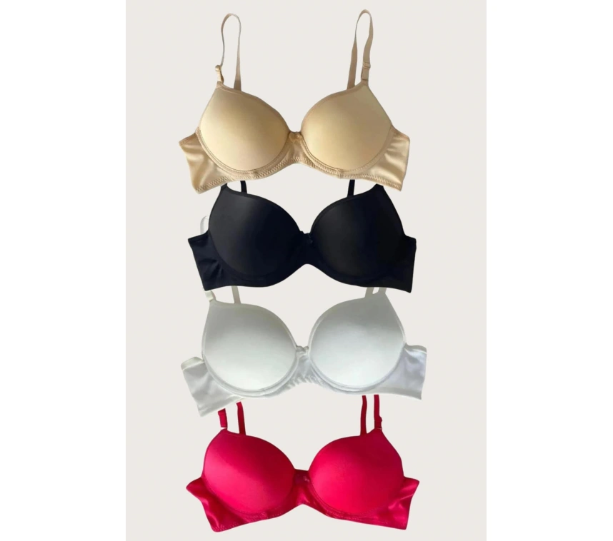 Siyah-beyaz-kırmızı-ten 4lü Dolgulu Push Up Micro Balenli Günlük Tek Destekli Sütyen