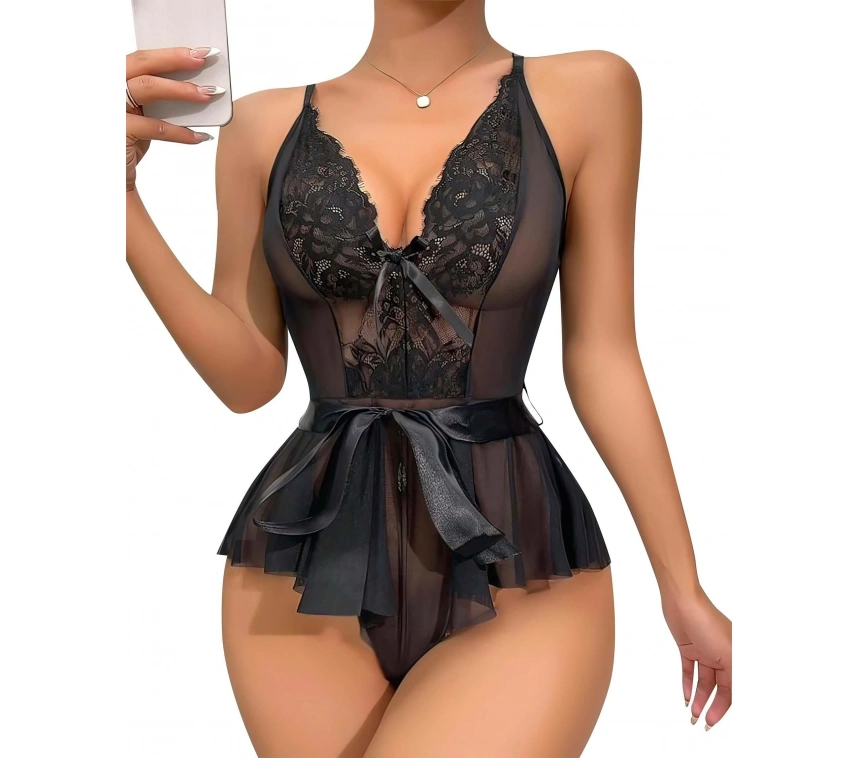 Siyah Dantel İşlemeli Kurdelalı Fantezi Tül Babydoll