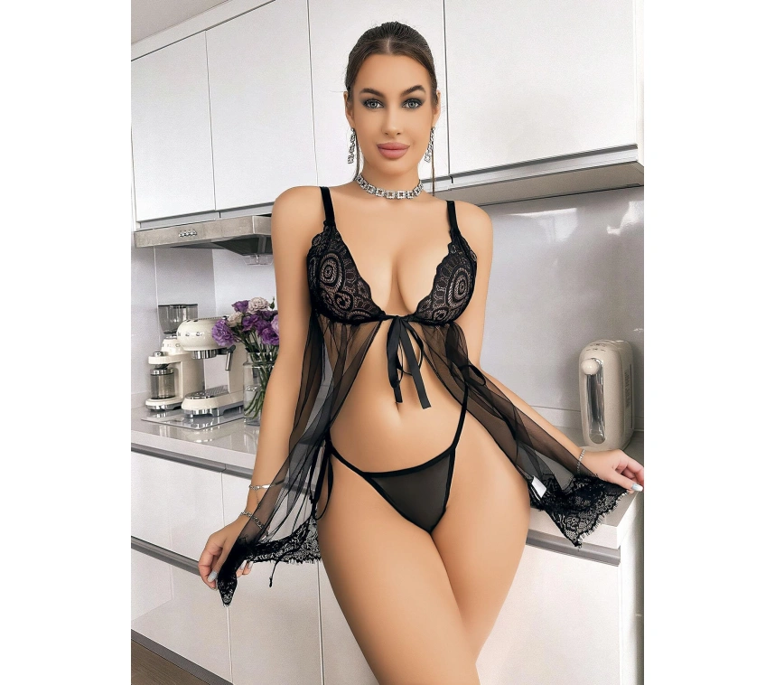 Siyah Dantel İşlemeli Önden Bağlamalı Fantezi Şık Tül Gecelik