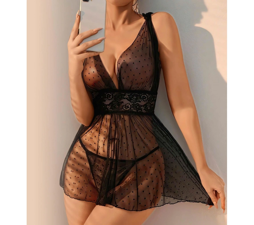 Siyah Dantel İşlemeli Puantiyeli Tül Fantezi Gecelik