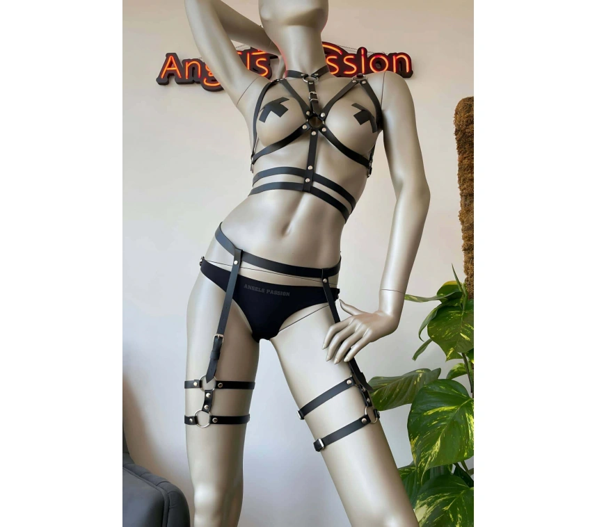 Siyah Deri Fantezi Jartiyer Harness Takım - Brf455