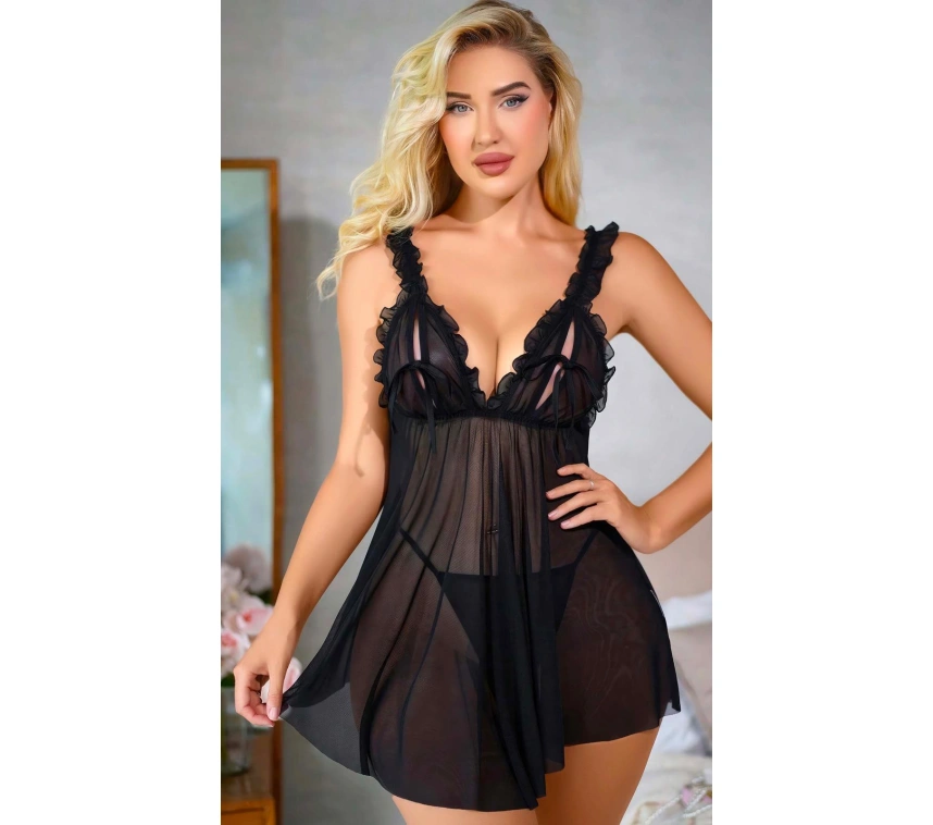 Siyah Fırfırlı Göğüs Dekolteli Transparan Fantezi Tül Gecelik